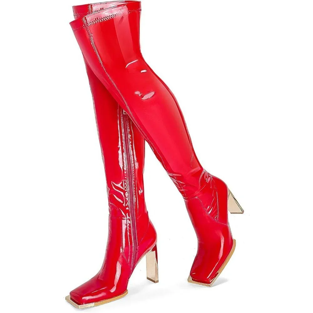 Women Qipired Synthetic Thigh High Latex Boots Square Toe Over The Knee Boots